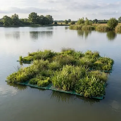 Verbund schwimmender Pflanzeninseln auf einem See