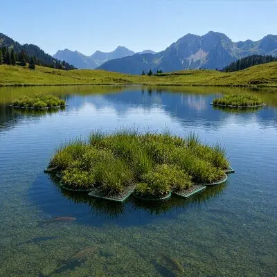 Bepflanzte Pflanzeninsel auf einem Bergsee
